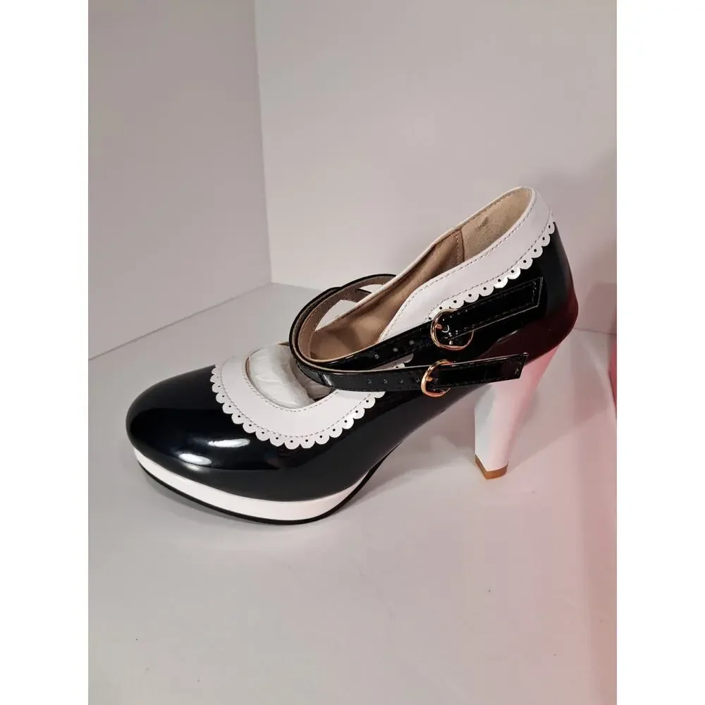 Mary Janes Clorblock White Black Retro Strappy Chunky Heel Pumps size 6